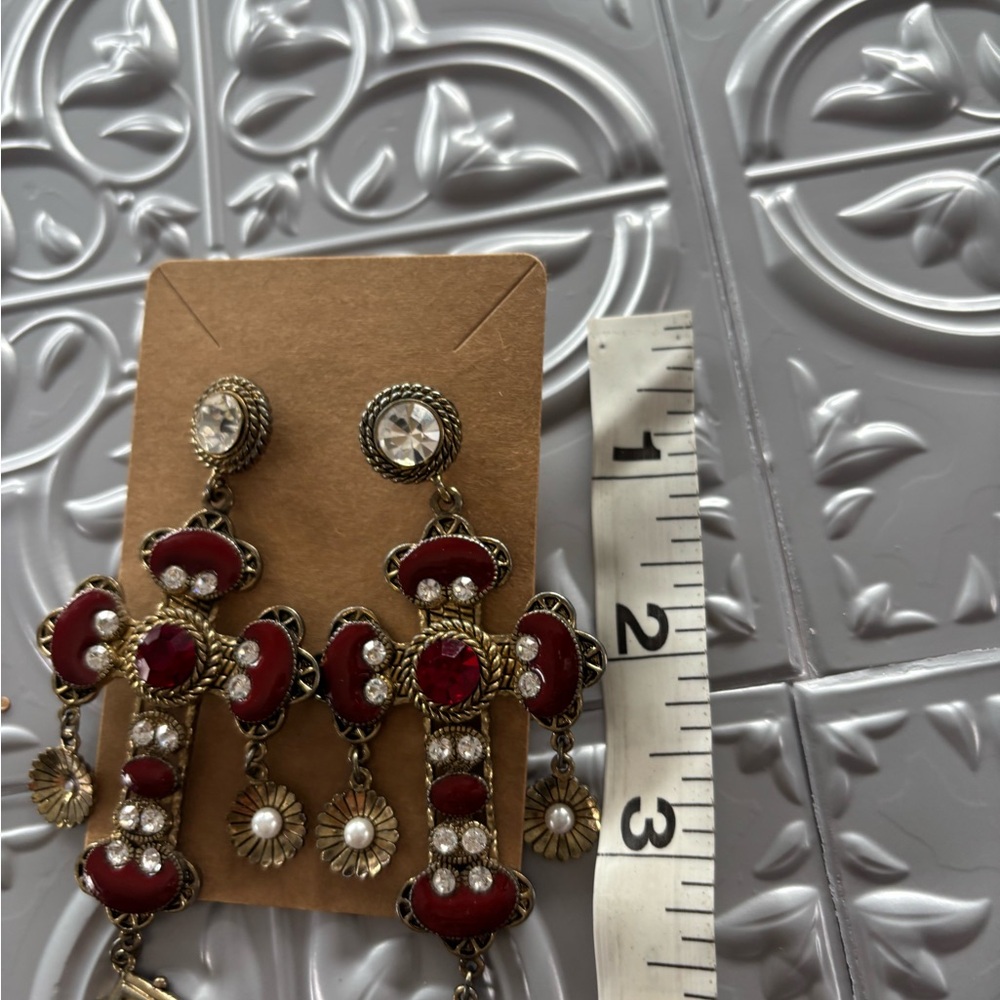 Boho Red Cross Rhinestone Statement Dangle Earrin… - image 3